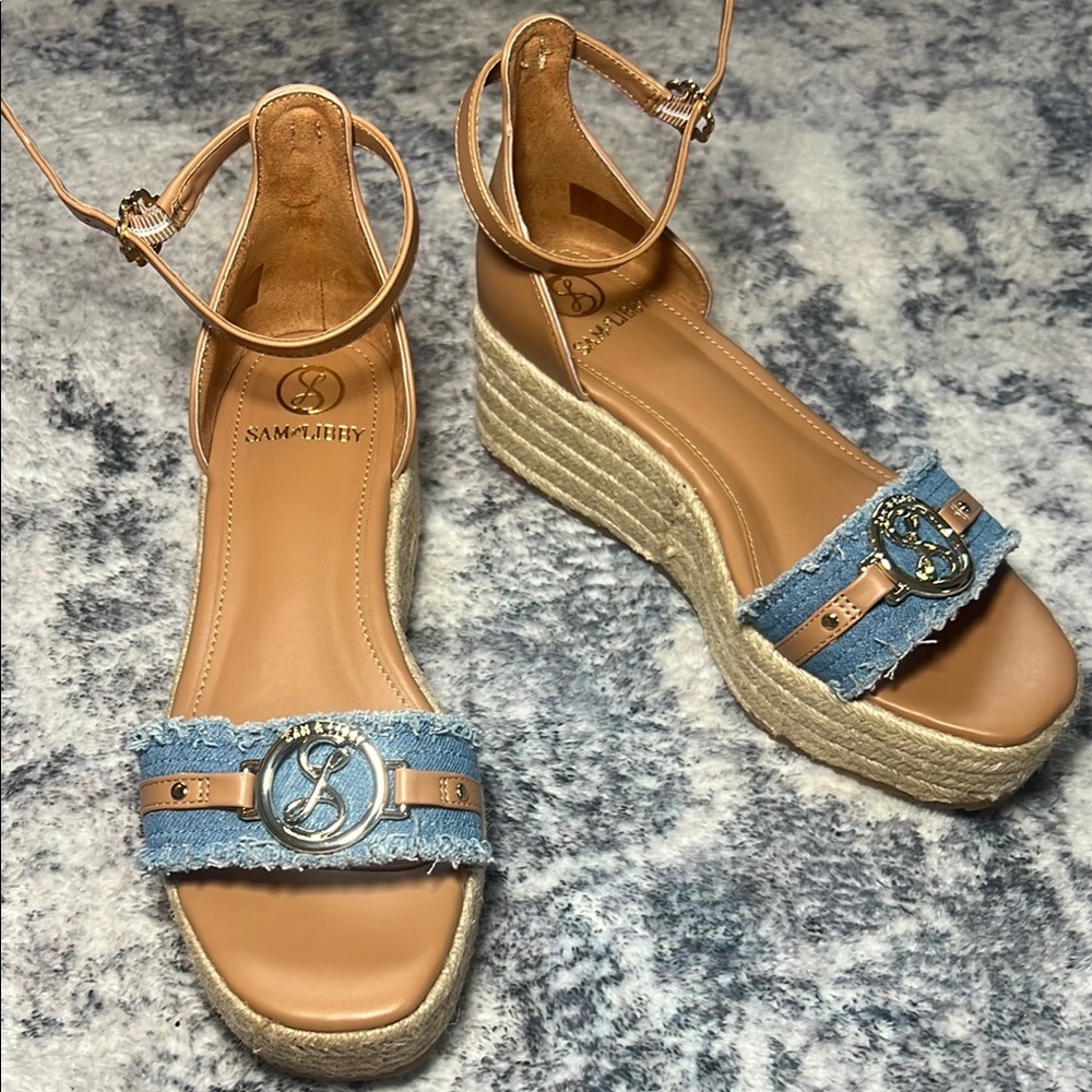 Sam & Libby Blue and Tan Espadrille Wedges